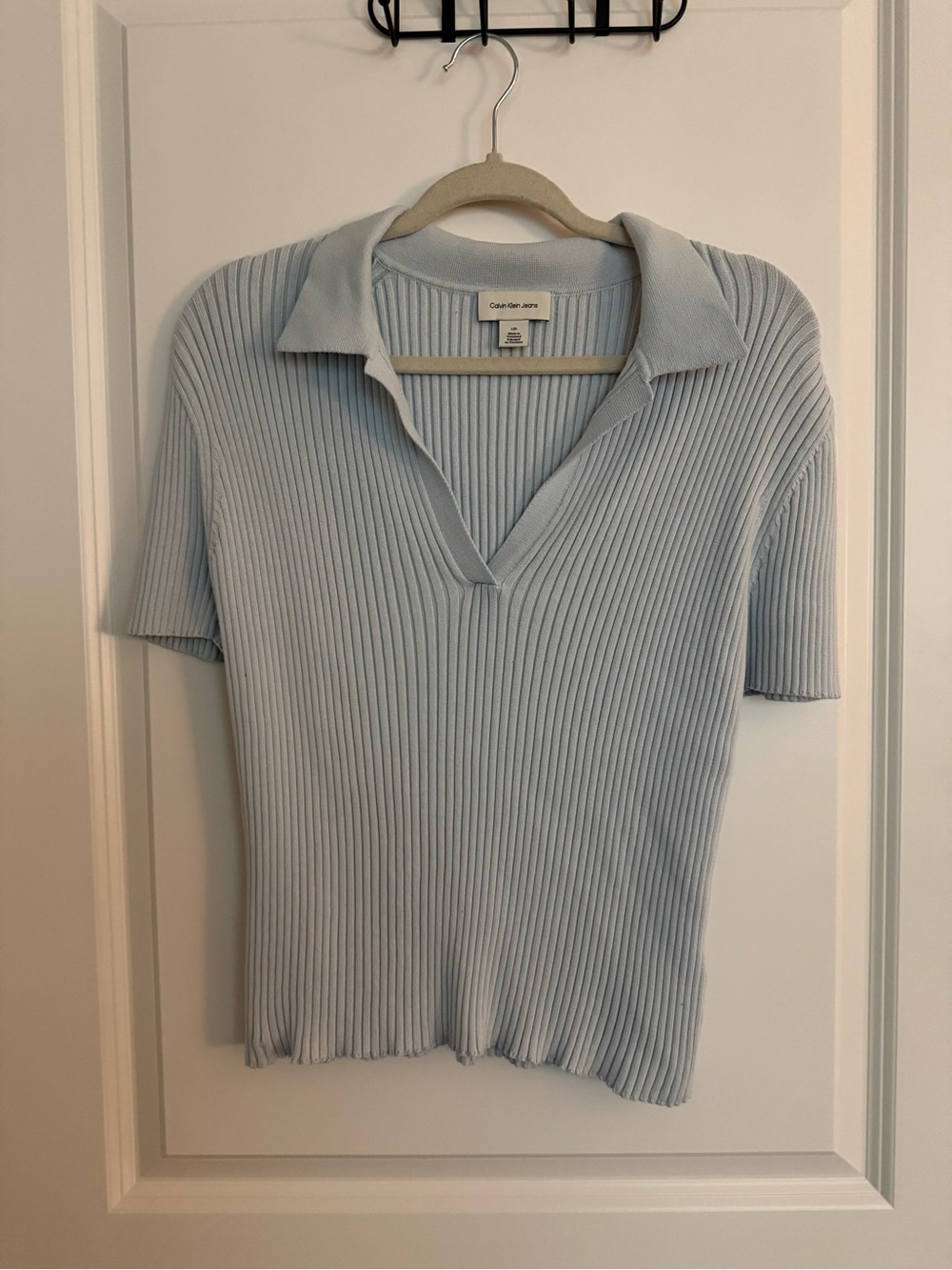 Calvin Klein Jeans Pale Blue Ribbed Polo V-Neck Tee